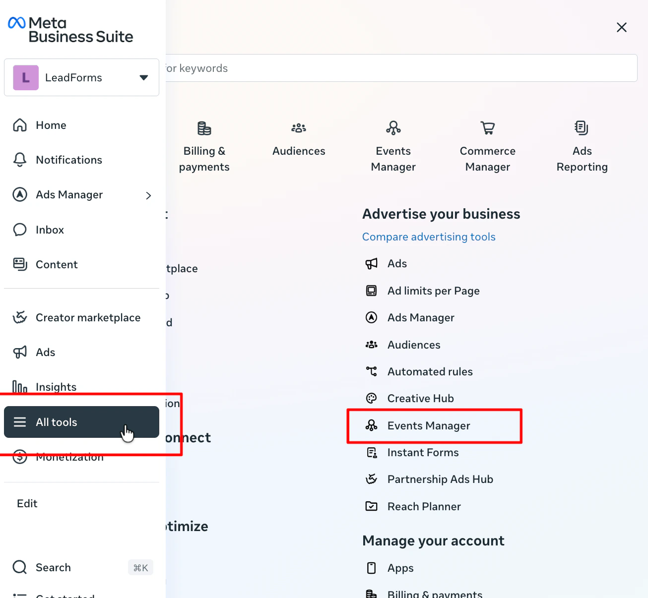 Menú de Meta Business Suite: «Todas las herramientas» y «Administrador de eventos»