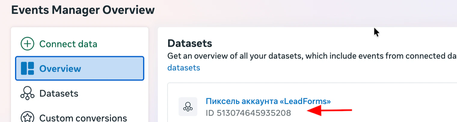 Lista de conjuntos de datos: el ID del píxel bajo su nombre